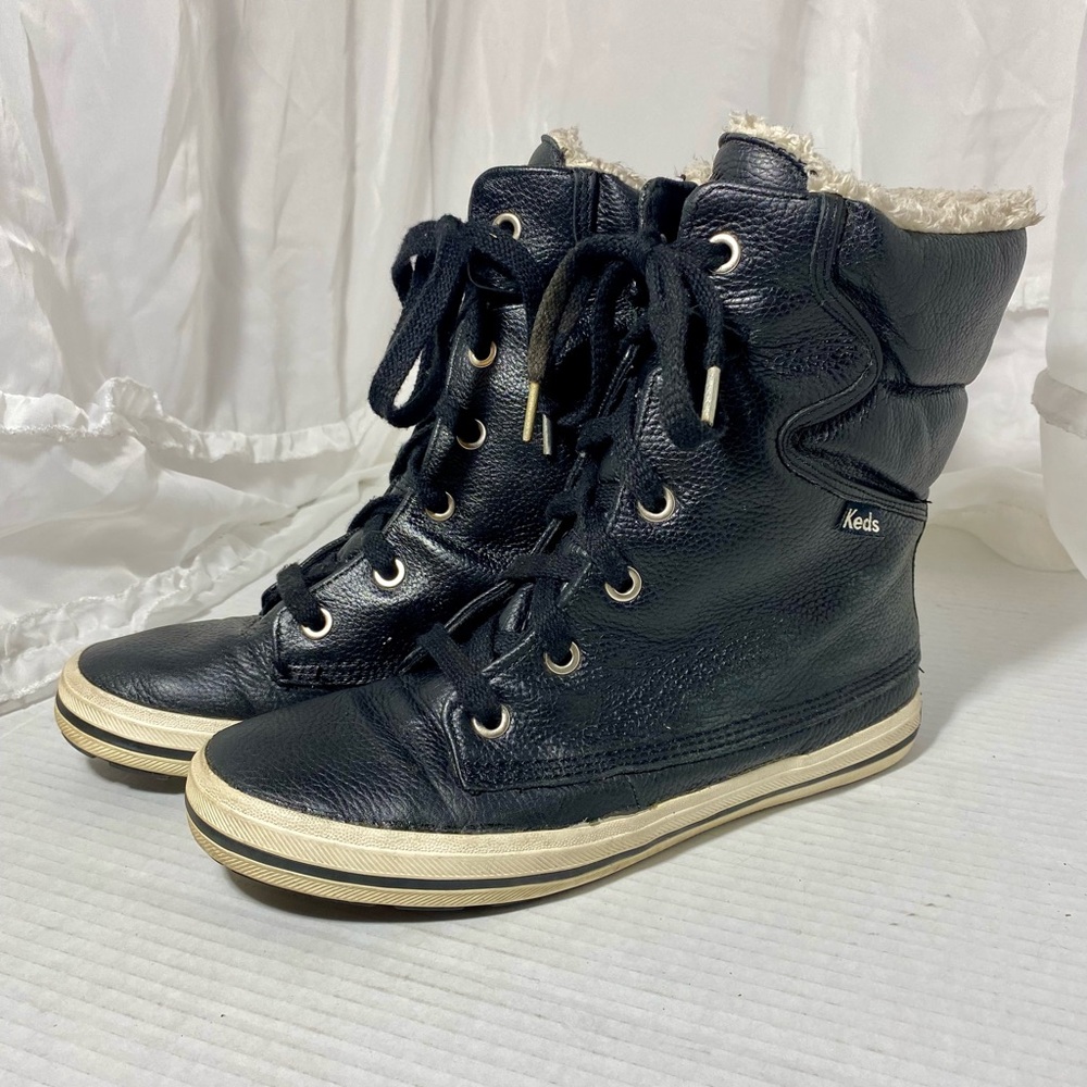 Keds Black Faux-Fur High -Top Sneakers Boots Women's 9 Leather Look Warm Lined